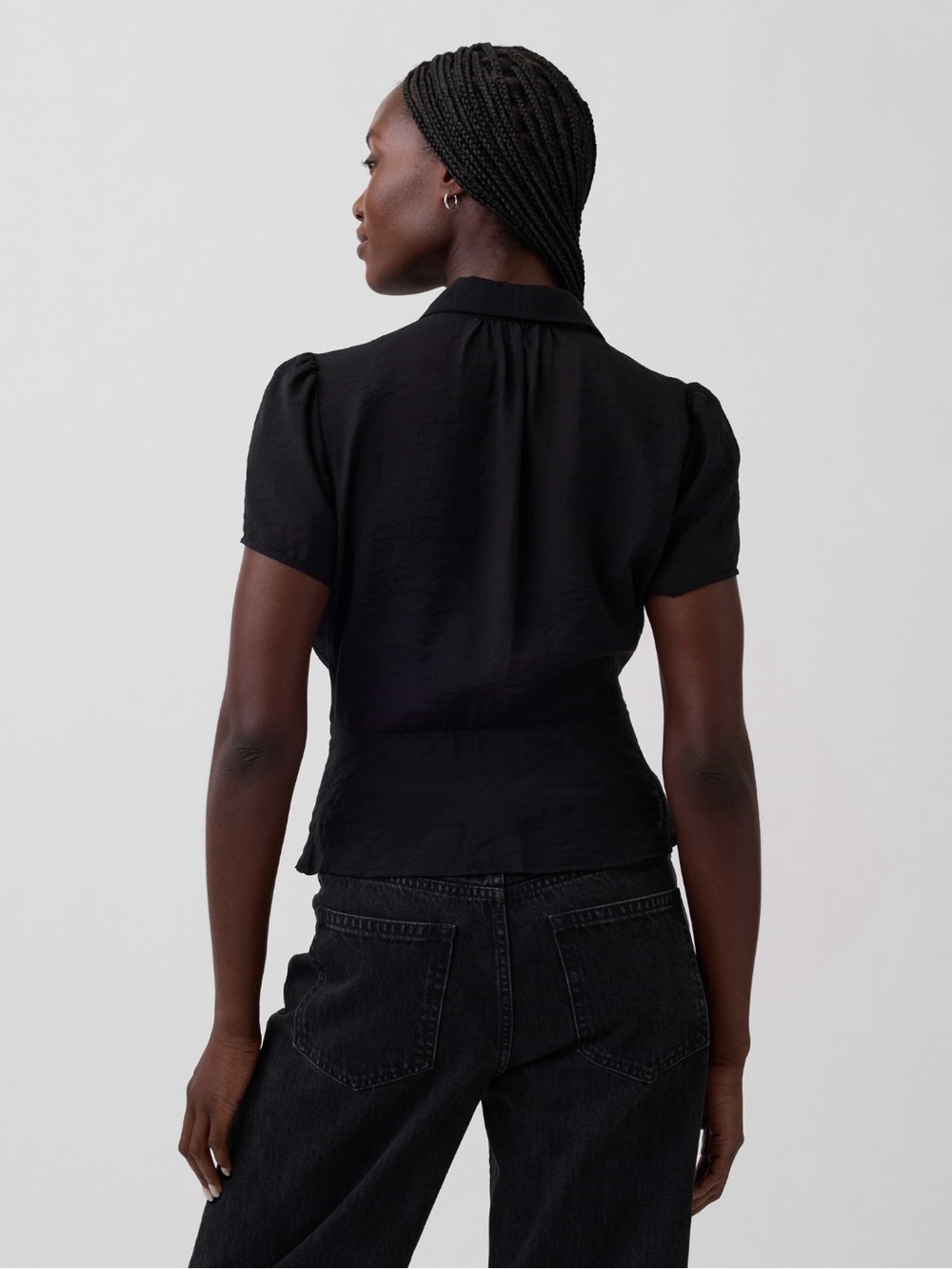 GAP Black Semi Sheer Voile Peplum Button-Front Short Sleeve Top Size S NWT - Picture 2 of 8